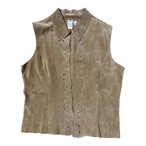Coldwater Creek TAN 100% leather VEST open front with lace cut outs size L